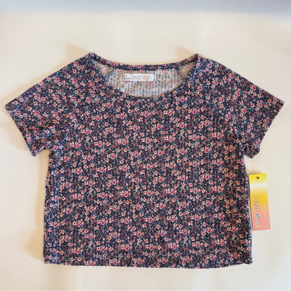 Sky Floral Knit Top Girls size 10 Ribbed Kids Tee NWT